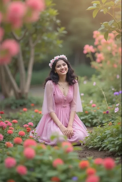 arafed  in a pink dress sitting in a garden, a picture inspired by Raja Ravi Varma, pixabay contest winner, romanticism, girl in flowers, in pink forest, smiling as a queen of fairies, girl in a bed of flowers, she expressing joy, happy girl, with a happy ...