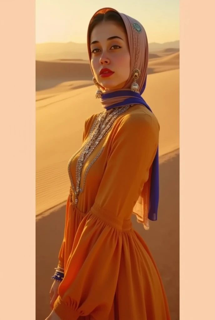 a beautiful Moroccan woman in the desert, long flowing hair, intricate Moroccan jewelry, warm desert light, dramatic sand dunes, cinematic composition, hyper detailed, photorealistic, 8K, highly detailed face, piercing eyes, perfectly rendered skin, flowin...