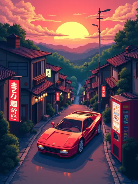 In Ghibli style. Retro feel in 80s style like in Stranger Things + Japanese city street + sunset + forest + aerial view + Japanese snack vending machine + Ferrari Testarossa + Pixel art + 8-bit Pixel