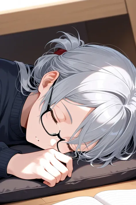 Sleeping at home is a man wearing glasses with long gray hair tied loosely