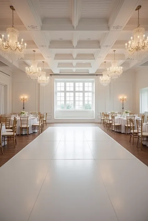 Create a picture of a wedding hall with a small dance floor in front of the stage. There are tables on either side of the dance floor and chairs are only on one side facing the dance floor. The venue has a greater width than length. The tables are small. M...