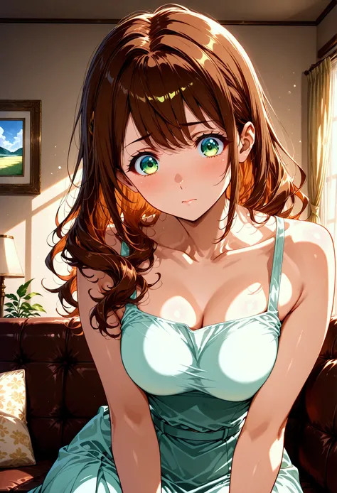 Ultra-detailed, (portrait), hyper detailed, absurdres, 8k, highest quality, super high quality, yokota mamoru style, cowboy shot, 22 years old, sexy, cute pose, medium breasts, Long wavy brown hair, green eyes, cute white sundress, adult, sitting on couch ...