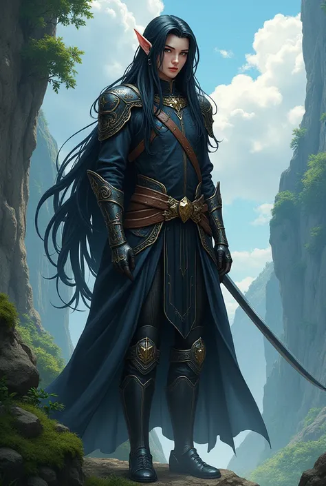 Tall man elven explorer with long black hair anime