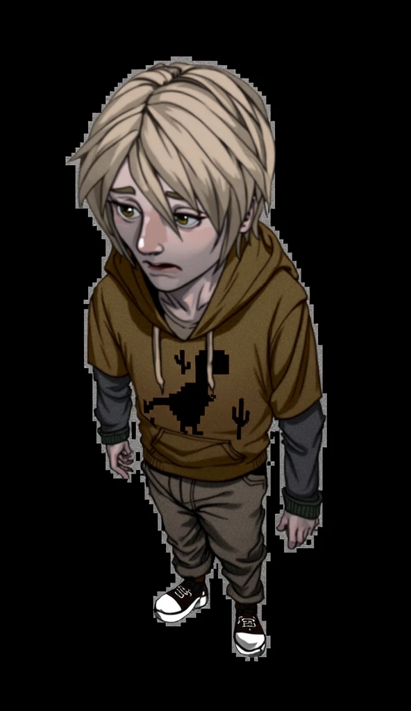 masterpiece, best quality, highly detailed, graphic novel style, young male, teenage, (detailed face:1.3), looking down, brown hoodie with pixelated t-rex and cacti design, grey pants, black and white sneakers, professional illustration, trending on artsta...