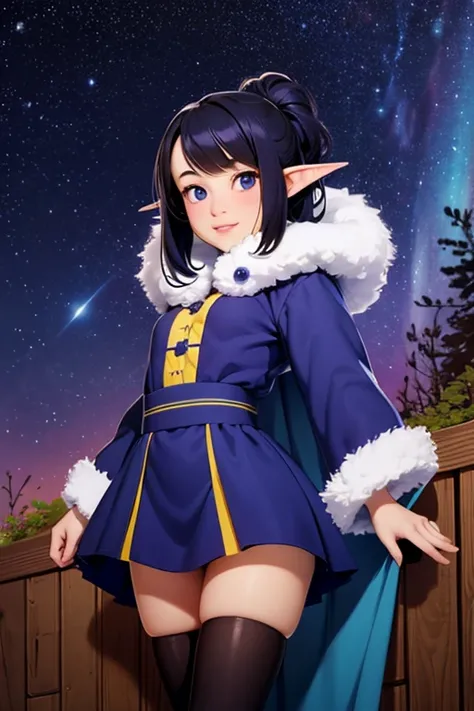 (  best quality,  very detailed,  there's nothing there,  masterpiece :1.2)，  非常に若い girl   ，    short ，   Thin Thighs ，    fisheye lenses   ，baby face，Elf Ears，is  short，Hilly night sky，winter，winter colors, winter landscape,   Starry Sky   ，   Aurora :1.3...