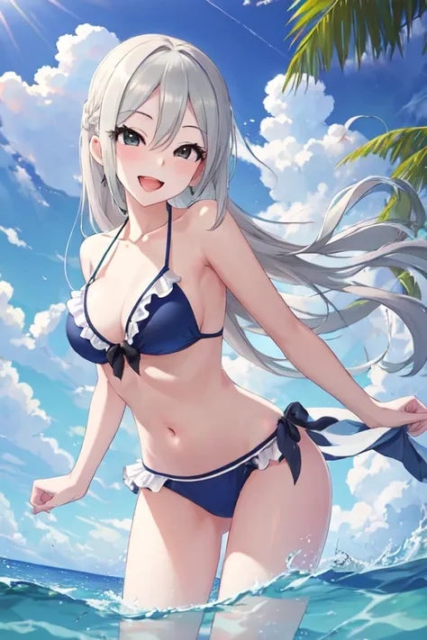  best quality, masterpiece,  high resolution, Alone, black eyes, looking_in_viewer,(銀色の短いhair:1.2)  , silver hair, length_hair, smile, hin, big_chest, ,  1 girl in the best,  bikini, clavicle, , looking_in_viewer, open_mouth, ,  swimsuit, chest元, green_nul...