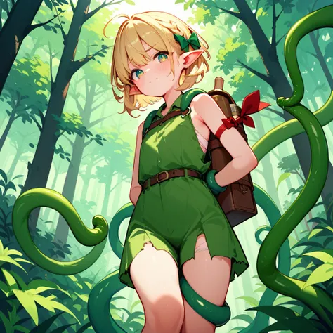 Elf、 has a young face、round face、Anxious face、Holding a bow and arrow、Battle Outfit 、forest、 torn clothes 、 tentacles wrap around my body、Can be tied up、 will be hanged、Exposed skin