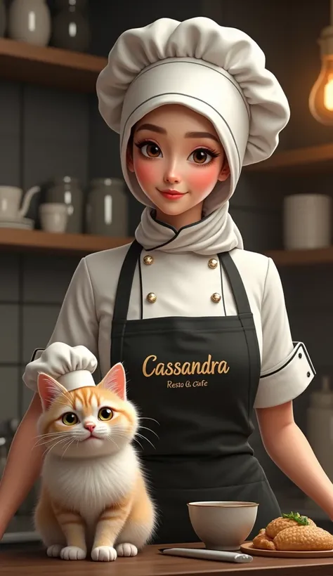  Visible from a distance, zoom , a very beautiful oval face dutch Indonesian girl,  clean white face, wearing white hijab dan topi chef, wearing a black apron writing "Cassandra", reading pee, smiling , ideal body, wear a writing chef uniform "Karina",  is...