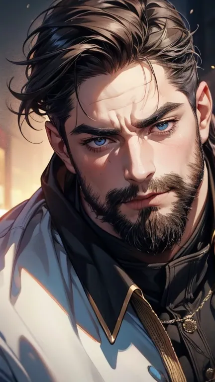 (   best quality,4K,8k,   highres,   masterpiece  :1.2),   ultra-detailed  ,(realistic,photorealistic,photo-realistic:1.37),36-year-old man,3 day beard,Beautiful anime,Portraits,strong,Masculine,   with dark hair  ,sharp jaw,     mesmerizing eyes     ,   p...