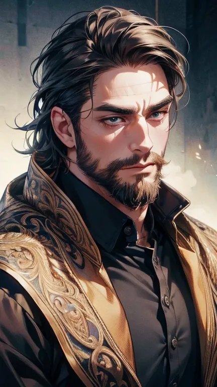 (   best quality,4K,8k,   highres,   masterpiece  :1.2),   ultra-detailed  ,(realistic,photorealistic,photo-realistic:1.37),36-year-old man,3 day beard,Beautiful anime,Portraits,strong,Masculine,   with dark hair  ,sharp jaw,     mesmerizing eyes     ,   p...