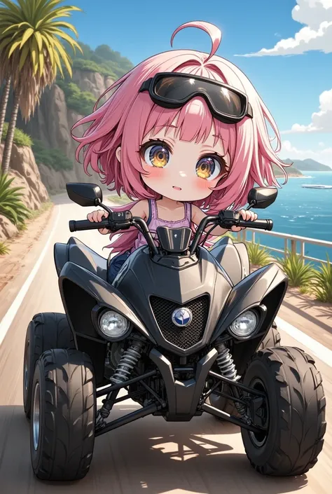 A pink short hair girl drives a super cool matte black quad bike down a coastal road. helmets, goggles, smiling, ultra detailed, absolutely resolution, masterpiece