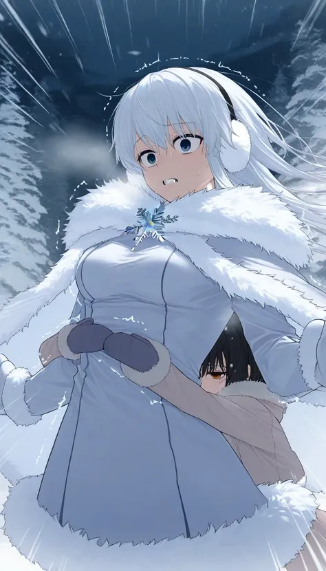 yuri, 2 girls shivering in the cold, desperate expression, frozen lashes, medium breasts, snow on head, freezing cold, weak to the cold, can't endure the cold any longer, earmuffs, mittens, wearing layers of warm thick fluffy fur-trimmed snow country cloth...