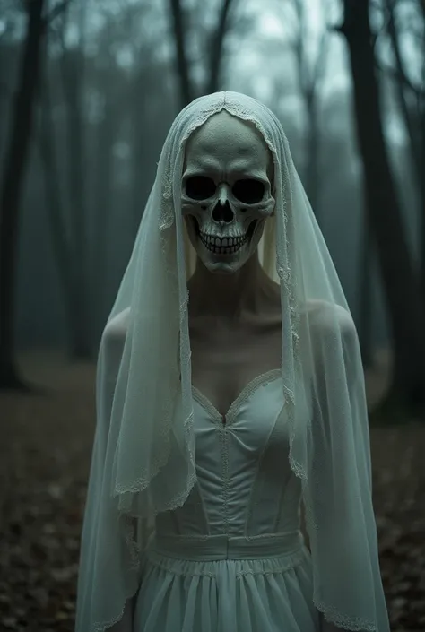 The 25-year-old boy puts on a scary, horrified face in the woods when he sees something he runs out to a town and behind a shadow of a wedding dress and veil on his face is the weeping woman with her skull 