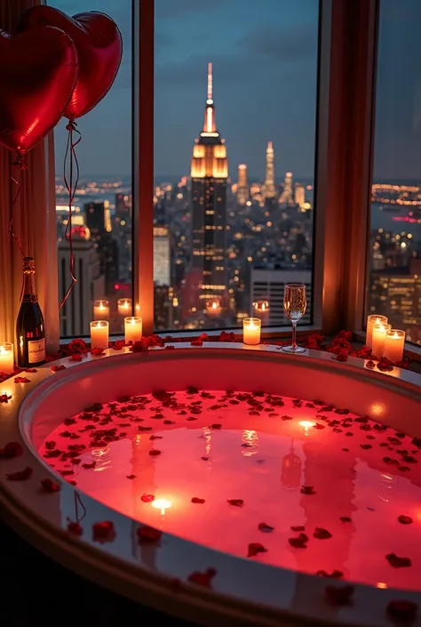 High quality,8K Ultra Hd, A luxurious New York City penthouse suite featuring a lavish jacuzzi surrounded by flickering candles and rose petals, set against a stunning floor-to-ceiling glass window overlooking the glittering city skyline. The warm water re...