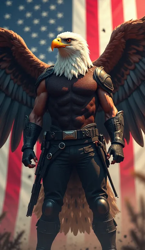 "A strong eagle warrior wearing a suit, standing proudly with the American flag behind him."
