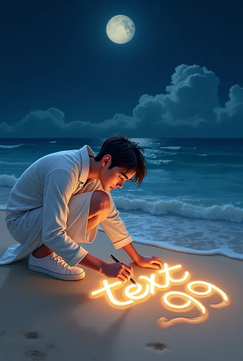 Create a image of 21 year old Cute boy writing the word "text 99"  Cool font on the beach with light on a sandy beach under a starry sky. The setting is a serence beach at night illuminated by the moon and stars the person wearing a white night dress and w...