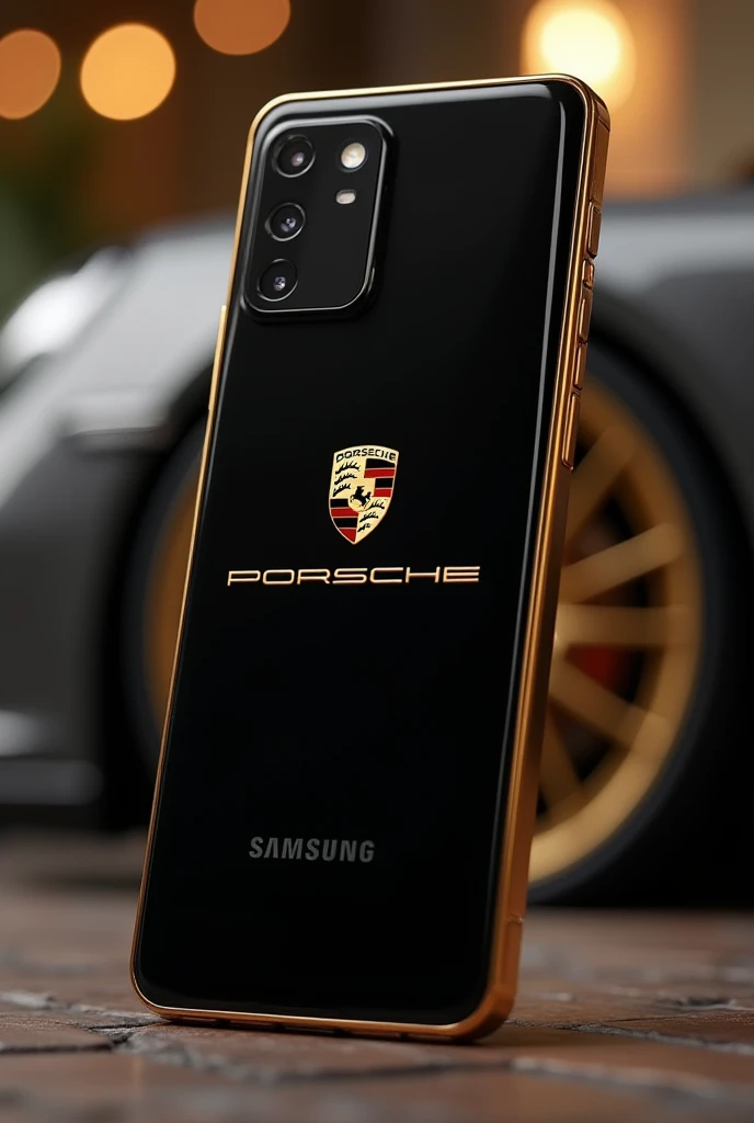 A luxurious design of a Samsung S23 smartphone collaborating with Porsche, featuring a sleek black body with elegant gold sides. The words 'Samsung x Porsche' are prominently displayed. The scene is bright and vibrant, showcasing high key lighting, ultra-d...