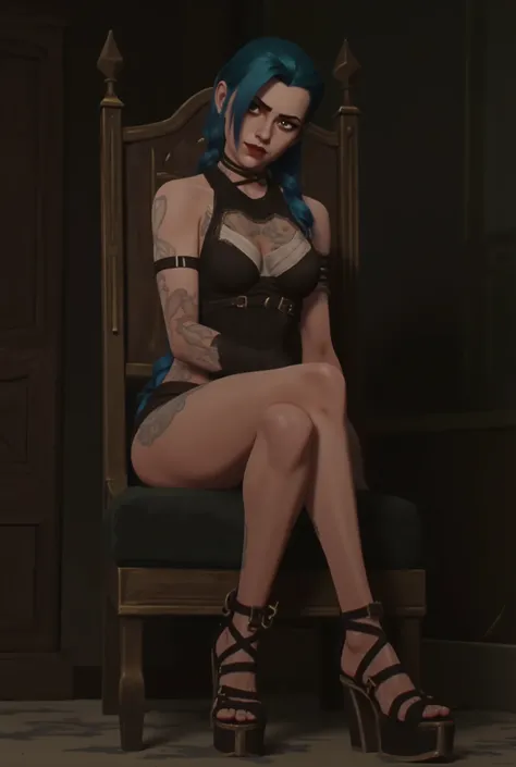 Jinx,  in her room ,  Seated view of the spectator,   blue hair,  perfect face, with thick thighs and well-defined long legs, perfect. elegant and short black dress, fitted to the torso with a pronounced neckline showing parts of her breasts, The elegant b...