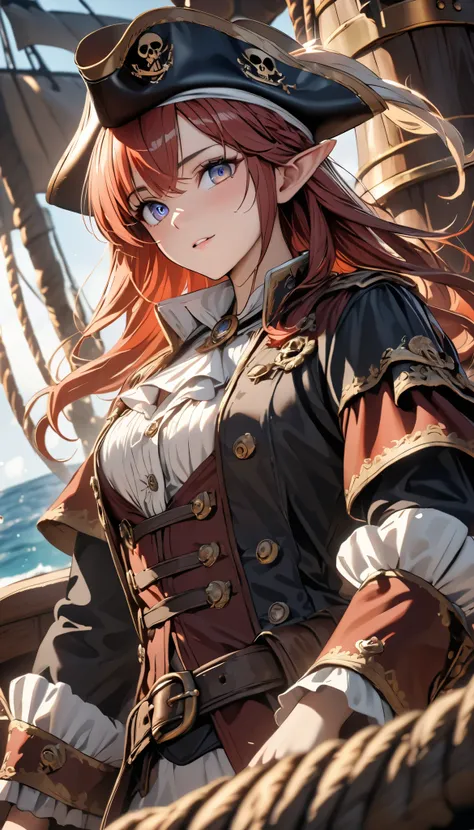 cinematic lighting, UHD, ((masterpiece)), super detail, (detailed eyes, detailed face), high quality, highres, high details, Pirate, Captain, Red Hair, Elf, On the pirate ship