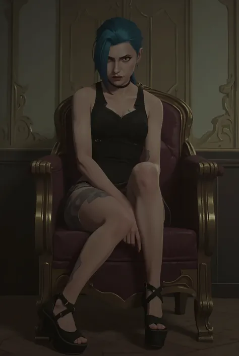 Jinx,  in her room ,  Seated view of the spectator,   blue hair,  perfect face, with thick thighs and well-defined long legs, perfect. elegant and short black dress, fitted to the torso with a pronounced neckline showing parts of her breasts, The elegant b...