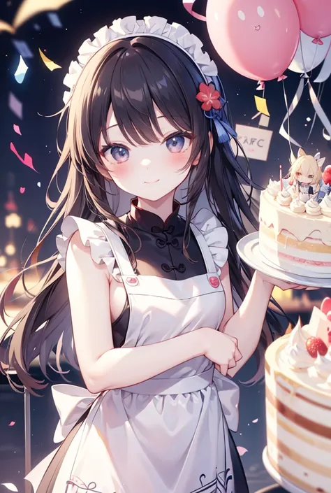 Hu Tao 、Good looking girl (blush, perfect face), independent , looking at camera, masterpiece, anime art style, cute characters, most detailed, high quality、Nico Nico Smile、birthday cake、happy birthday、wear an apron at home