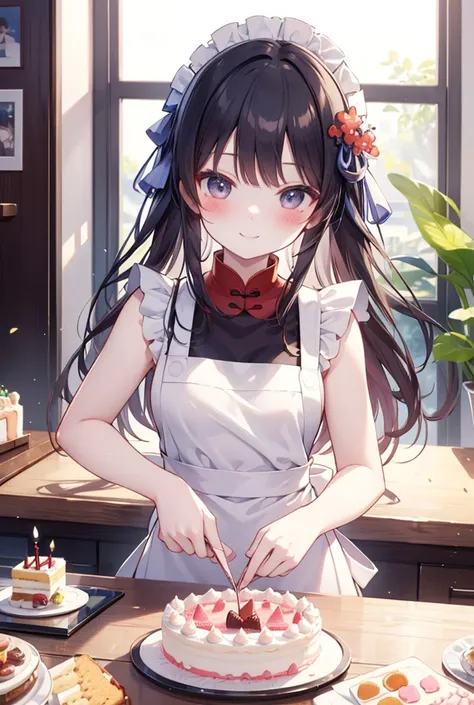 Hu Tao 、Good looking girl (blush, perfect face), independent , looking at camera, masterpiece, anime art style, cute characters, most detailed, high quality、Nico Nico Smile、birthday cake、happy birthday、wear an apron at home