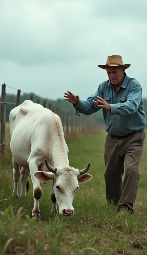 A malnourished white cow with visible ribs, a soft innocent gaze, grazing on sparse green grass in a field surrounded by a wooden fence. A middle-aged farmer, wearing a straw hat and a faded blue shirt, angrily waves his hands, shooing the cow away. The sk...