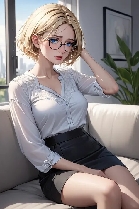 (masterpiece, best quality, 8k, high definition ), whole body, 1 woman, short blonde hair, mid-chest, blue eyes, soft lips, beautiful face, wearing chic glasses, natural light, detailed background, detailed illustration art, wearing tight blouse, black ski...