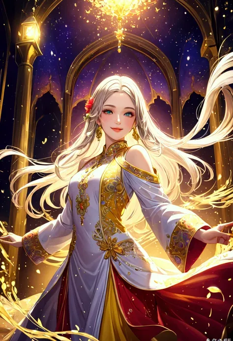 👩👧💋💖💖💖A beautiful girl is wearing a Punjabi suit dress、 long silver blond hair、Sparkling golden powder effect ,  Fantastic、smile、CG digital art illustration、