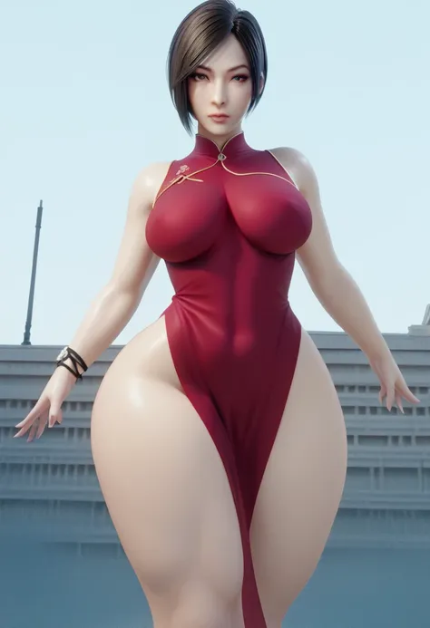 Ada Wong, Chinese woman, 1woman, sexy, curvy, big hips, big breasts, red dress, short black hair, Chinese features, resident evil, dynamic pose