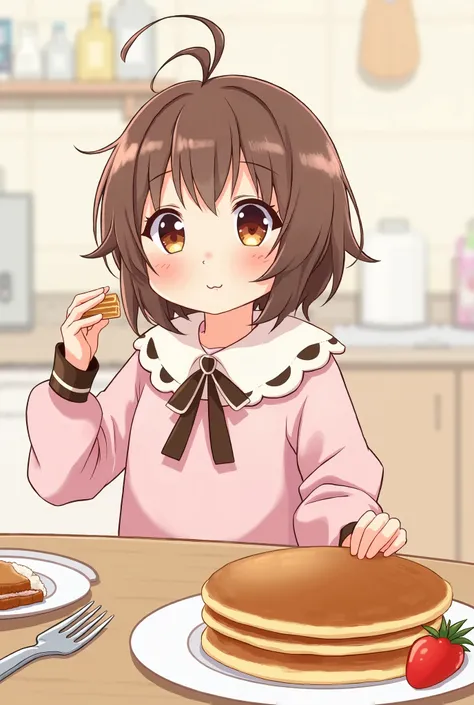 Moe art style  with brown hair eating pancakes with a Neapolitan themed outfit