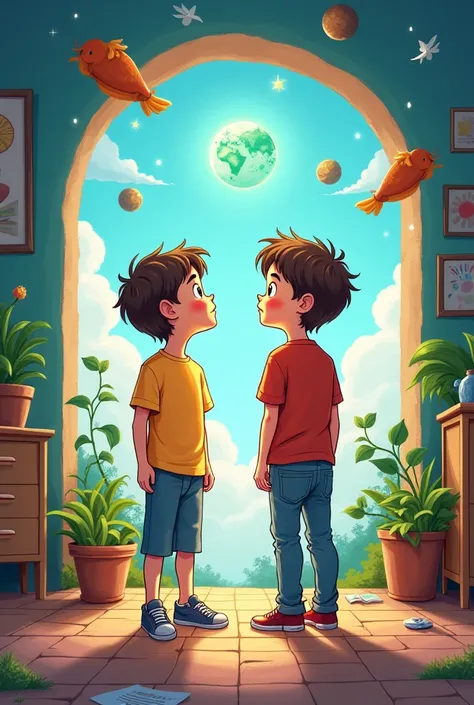 Dickey said, "We have to understand this world, because it can be not only a magic but also a reality."
Cartoon images both boys are standing in the room 