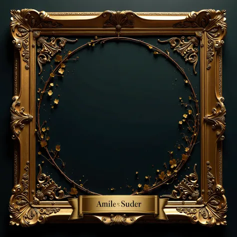 
" Refined and graceful square frame  ,   perfectly centered blank space  .  Vine ,   dark setting with scattered gold particles  .   Metallic banner with name text on the end of the circle、 requires a combination of golden metallic luster and dark tones t...