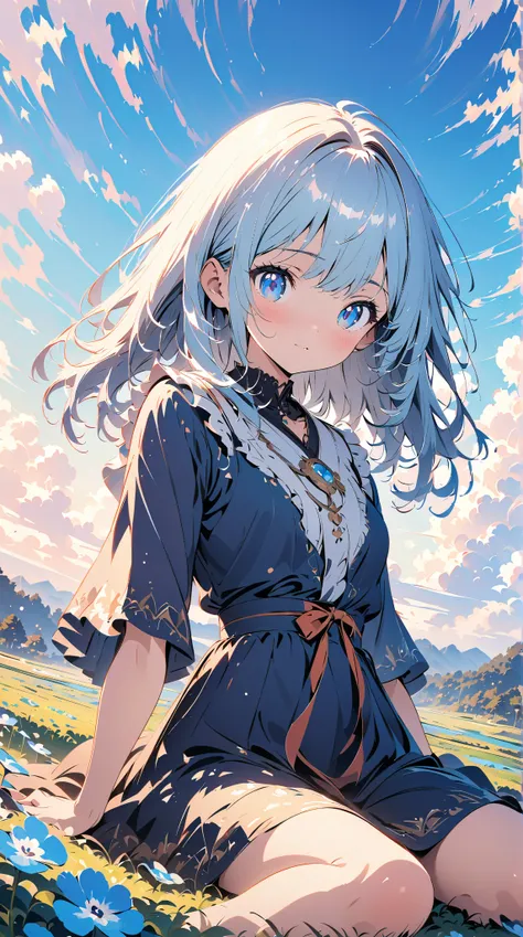 (masterpiece:1.2), (  top quality :1.2),  super high resolution,  very detailed,  perfect lighting, Girl sitting in a field of nemophila,  fantasy,  is cute ,  Digital Animation Art,  anime style illustrations ,   animated illustration,  Dutch angle