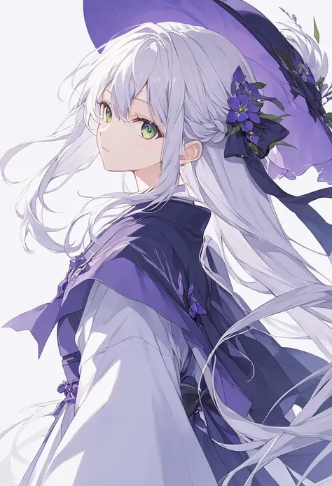  high resolution,  white hair,  Green Eyes, Long hair,  Character Design , สไตล์ Anime,  Anime,  girl, Purple Tone