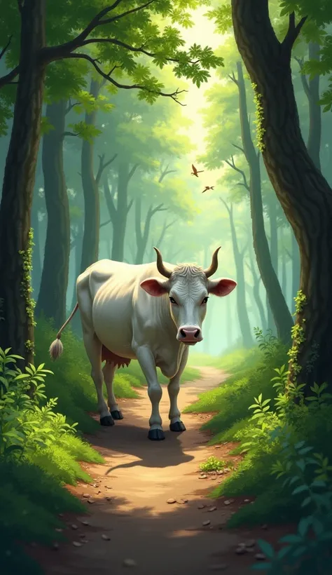 The white  cow walking hesitantly on a narrow dirt path that winds into a dense forest. The forest is lush with tall trees, thick green foliage, and dappled sunlight breaking through the canopy. The cow’s expression is tired and lost, with her head slightl...