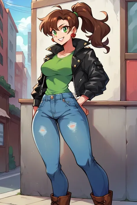 1 Girl, Kino Makoto, green eyes, BrowN hair, ponytail hairstyle, EARRInGS, ROSE EArRINGs, ReD EARRINGS, LARGE BOOBS, WIDE HIPS, MUsLOS GRUESOS, LOOKiNG AT VIeWEr, SMile, BLACK JACKET, LEaTHE JACKeT, GREEN TOP, TIGHT BLUE JEAnS, BROWN BOOTS, CITY BaCKGRoUND