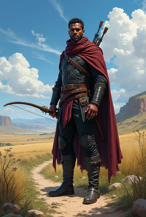 In RPG style, in style of Dungeons & Dragons, in style of fantasy painting. Full body view, looking at the viewer. Image of a male rogue, holding Bow. Dark skin. Short dark hair. Tight dark leather armor with dark red elements. Dark pants, dark leather boo...