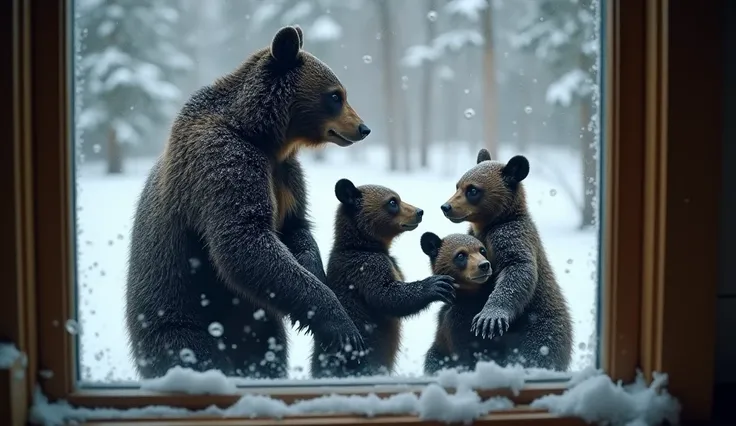 "The photo was taken from inside the house, showing the mother black bear, along with her three cubs, all covered in snow and shivering from the cold, standing outside and looking through the window."





