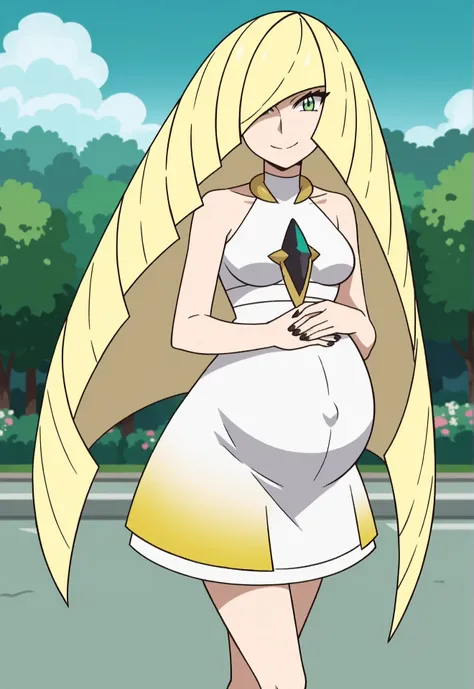 score_9, score_8_up, score_7_up, source_anime, masterpiece, best quality, amazing quality, anime screencap, BREAK, anime anime coloring,  solo, 1girl,  pokemonlusamine, blonde hair, green eyes, hair over one eye, long hair, multicolored hair, streaked hair...