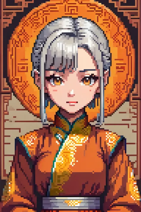 Create an upper-body character portrait in SNES-style pixel art of Shantra, a mid-aged female monk exuding discipline and strength. Her short silver hair is neatly cut and practical, with a few strands subtly framing her fierce and determined face. Her exp...