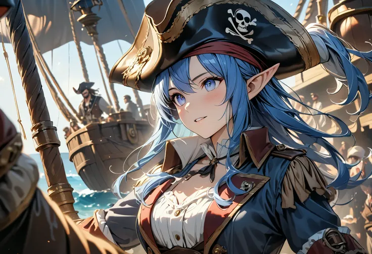 cinematic lighting, UHD, ((masterpiece)), super detail, (detailed eyes, detailed face), high quality, highres, high details, Pirate, Captain, blue Hair, Elf, On the pirate ship