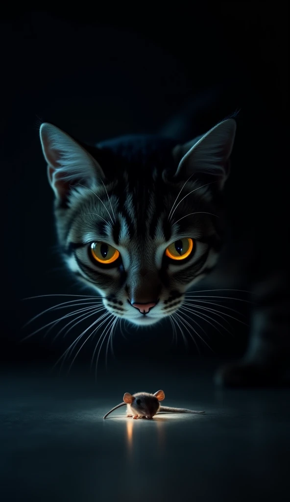 

"A close-up view of a cat's face in a dark environment, with its whiskers glowing faintly to symbolize their sensitivity. The cat is shown hunting a small mouse in complete darkness, with an overlay effect highlighting how the whiskers act like a radar t...