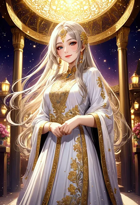 👩👧💋💖💖💖A beautiful girl is wearing a Punjabi suit dress、 long silver blond hair、Sparkling golden powder effect ,  Fantastic、smile、CG digital art illustration、