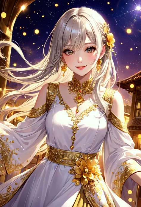 👩👧💋💖💖💖A beautiful girl is wearing a Punjabi suit dress、 long silver blond hair、Sparkling golden powder effect ,  Fantastic、smile、CG digital art illustration、