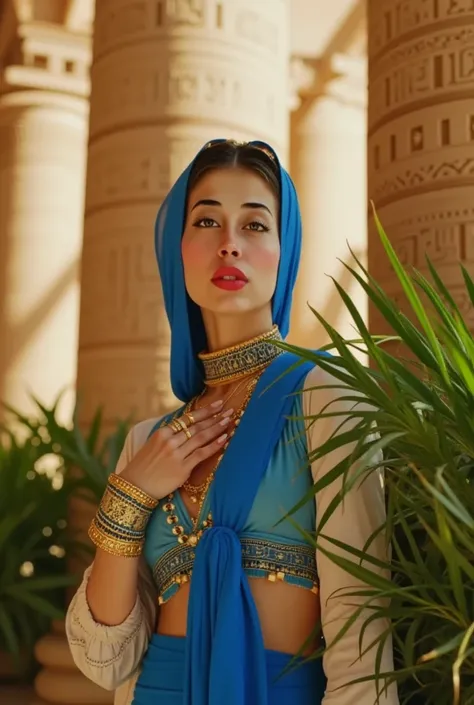 1 beautiful Egyptian woman, detailed beautiful eyes, detailed beautiful lips, long eyelashes, blue dress, gold jewelry, ancient Egyptian architecture, lush tropical plants, glowing warm lighting, ornate details, cinematic composition, dramatic lighting, vi...