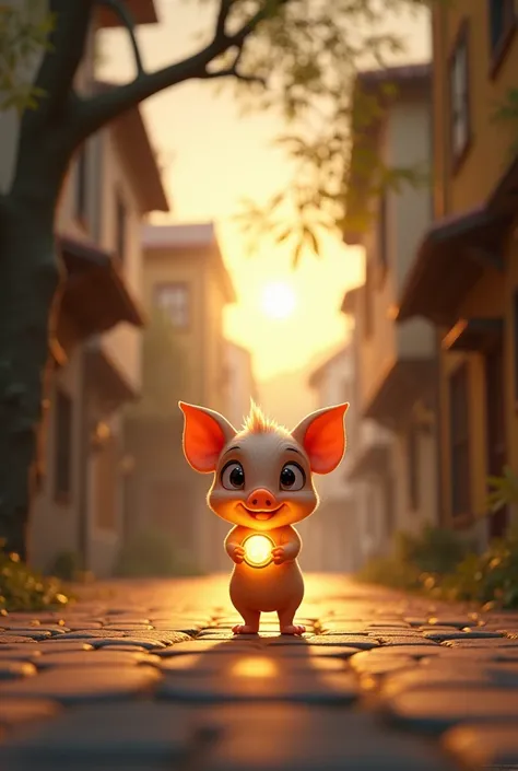 A quiet, empty street with soft morning light. Suddenly, a small, shiny piglet steps out from the shadows holding a glowing coin.