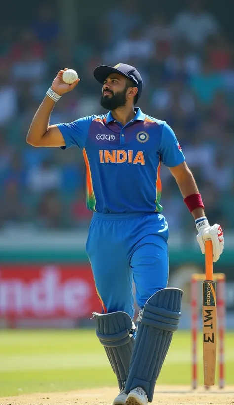 Generate hyper realistic image of indian cricketer virat kholi wearing inidan cricket jersey And virat kholi is bowling cricket ball  in cricket pitch in cricket stadium image should be hyper realistic and in vibrant tone and of 8k quality .negative no blu...