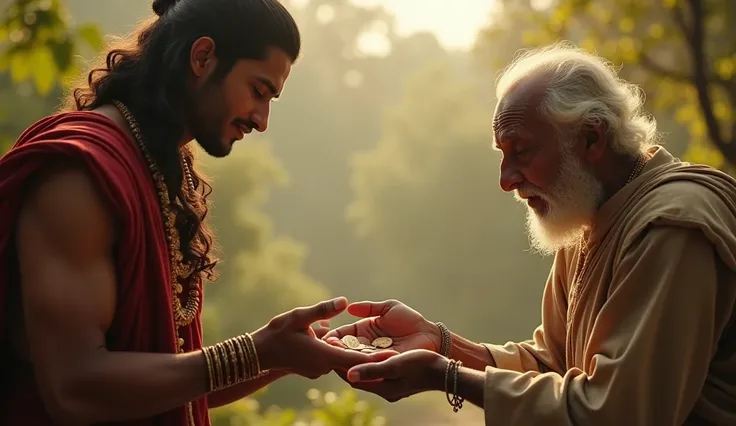 "Create a cinematic scene where Arjuna, dressed in royal warrior attire, is handing over two copper coins to an elderly man. Arjuna’s face shows empathy and compassion, his hands extended with the coins, symbolizing a gesture of support. The elderly man, w...