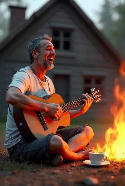  Realistic 3D images  ,   60 year old male  ,   wearing white t-shirt  ,  dirty black shorts  ,  Sitting on the Ground ,   singing and laughing while playing guitar ,   man next to warm coffee  ,   gestures with wooden house in the background .House burned...